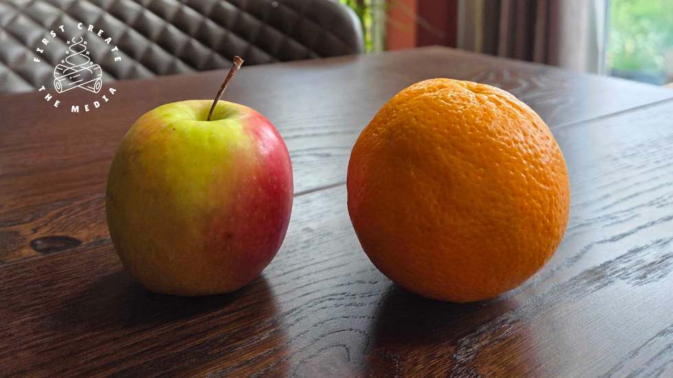 An apple and an orange side by side, illustrating a mismatch in a biotech pitch deck