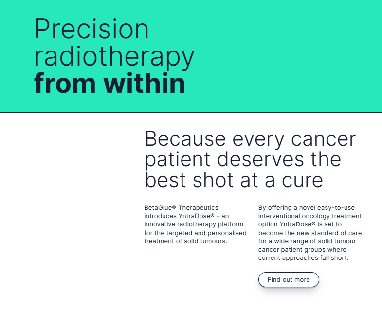 A screenshot of the BetaGlue website, featuring the heading "Precision radiotherapy from within" and tagline "Because every cancer patient deserves the best shot at a cure"