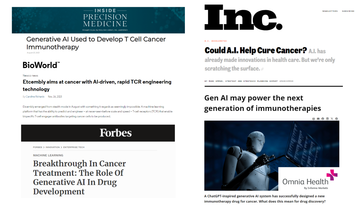 A selection of press coverage of our Etcembly press campaign, including Inside Precision Medicine, BioWorld, Inc., and Forbes
