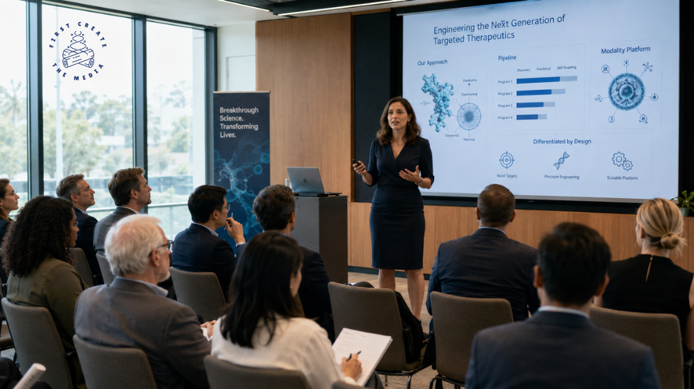 A female biotech founder pitching in front of investors