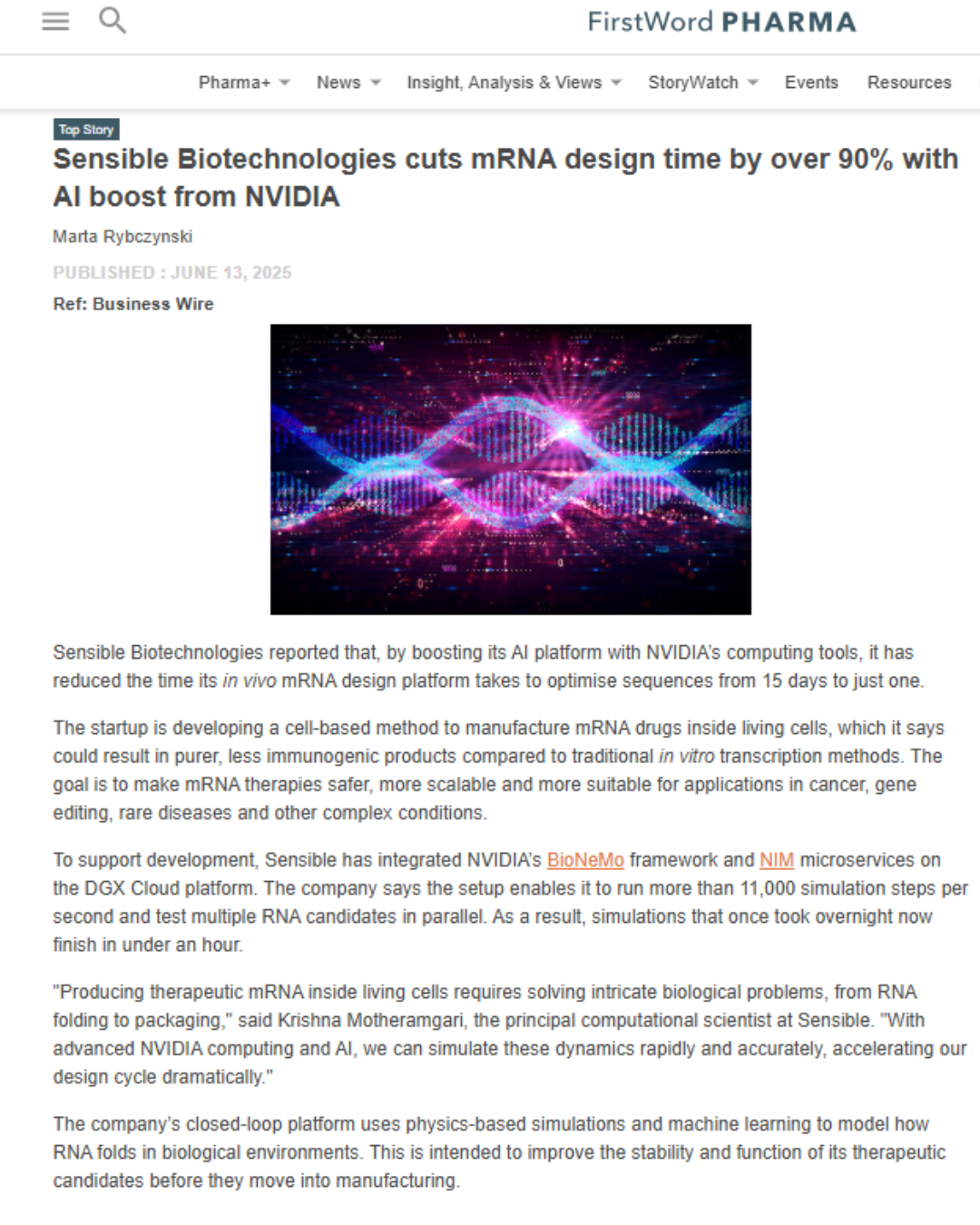 Sensible Biotechnologies coverage in First Word Pharma